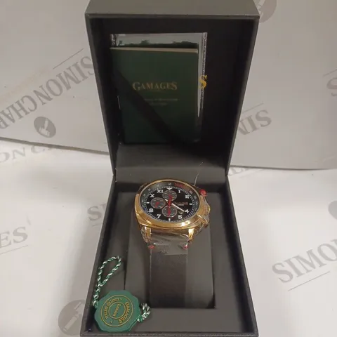 BOXED GAMAGES LONDON APEX ROSE GOLD BLACK DIAL CHRONOGRAPH MOVEMENT WATCH 