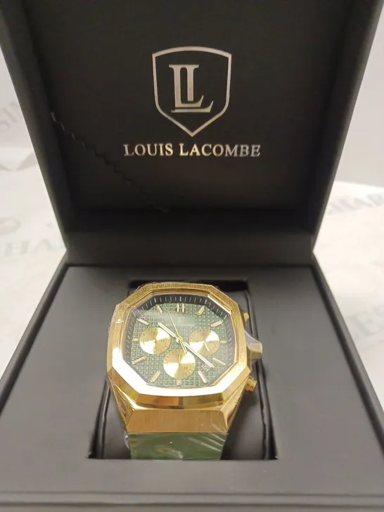 MENS LOUIS LACOMBE CHRONGRAPH WATCH – 3 SUB DIALS – GOLD COLOUR CASE – GREEN RUBBER STRAP