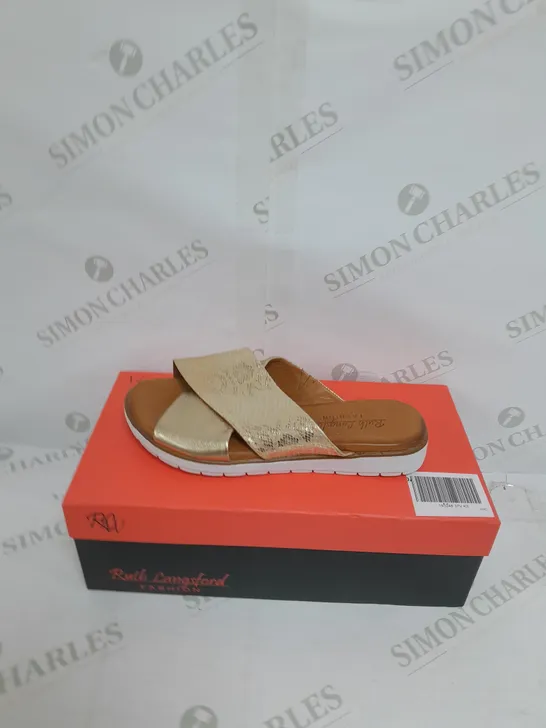 BOXED PAIR OF RUTH LANGSFORD SANDALS IN CHAMPAGNE GOLD SIZE 3