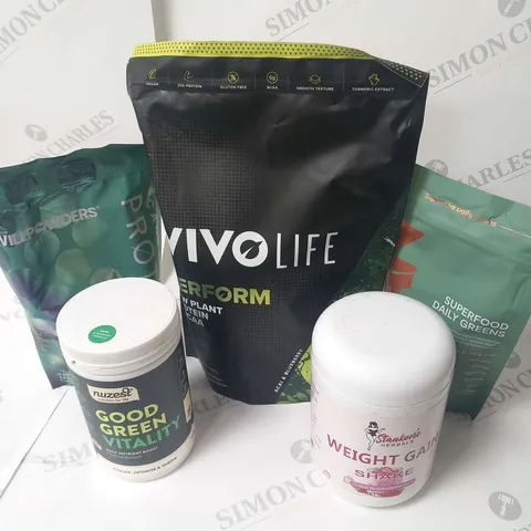 FIVE ASSORTED FOOD SUPPLEMENTS TO INCLUDE; VIVO LIFE PERFORM, LEAN SUPERFOOD DAILY GREENS, STANKOVIC HERBALS WEIGHT GAIN SHAKE, NUZEST DAILY NUTRITION BOOST AND WILLPOWDERS SCANDINAVIAN PROTEIN