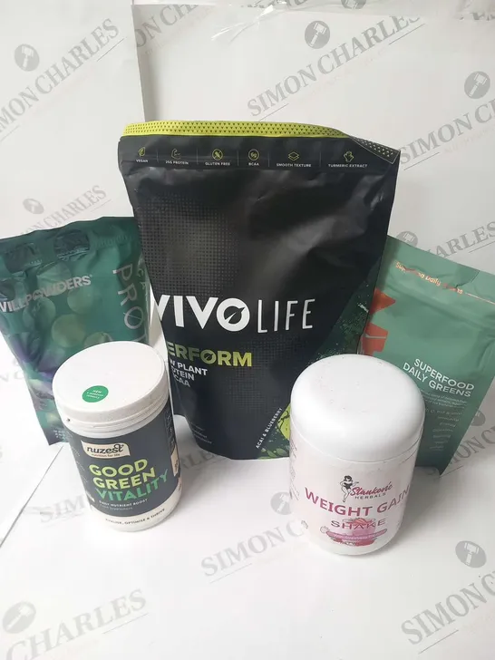 FIVE ASSORTED FOOD SUPPLEMENTS TO INCLUDE; VIVO LIFE PERFORM, LEAN SUPERFOOD DAILY GREENS, STANKOVIC HERBALS WEIGHT GAIN SHAKE, NUZEST DAILY NUTRITION BOOST AND WILLPOWDERS SCANDINAVIAN PROTEIN