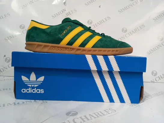 BOXED PAIR OF ADIDAS HAMBURG SHOES IN GREEN/MUSTARD YELLOW UK SIZE 10