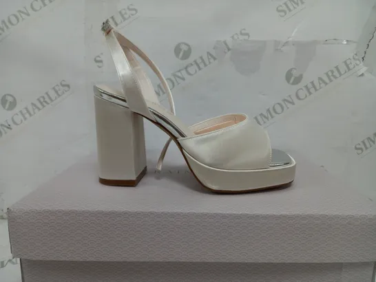 BOXED PAIR OF RAINBOW HIGH HEELED IVORY SATIN OPEN TOE SANDALS - UK 3