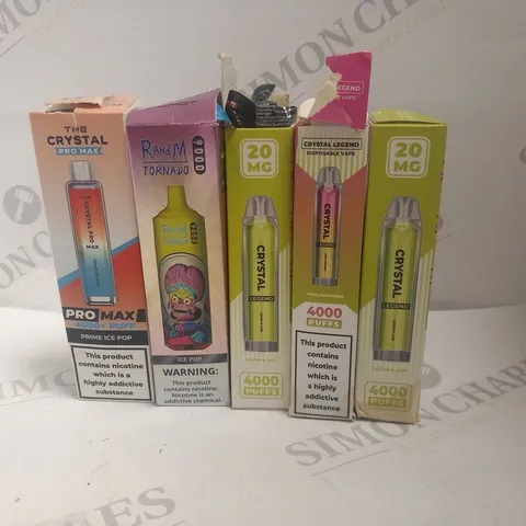 5 ASSORTED DISPOSABLE VAPES TO INCLUDE; RANDM TORNADO AND THE CRYSTAL PRO MAX