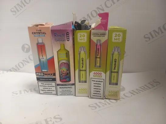 5 ASSORTED DISPOSABLE VAPES TO INCLUDE; RANDM TORNADO AND THE CRYSTAL PRO MAX