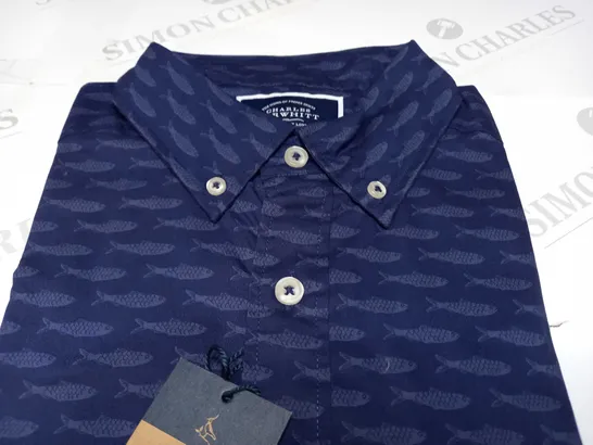 CHARLES TYRWHITT NAVY BLUE FISHPRINT CLASSIC FIT NON IRON STRETCH POPIN SHIRT - MEDIUM