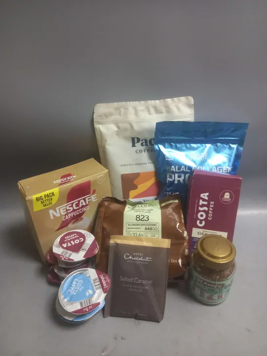 TOTE OF APPROX 10 ASSORTED FOOD ITEMS TO INCLUDE - NESCAFE CAPPUCINO PODS - BEANIES PEPPERMINT CANDY INSTANT COFFEE - CALLEBUT BELGIAN MILK CHOCOLATE CALLETS ETC