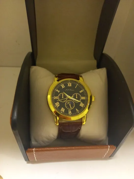 MENS LA BANUS WATCH – GOLD COLOUR CASE – LEATHER STRAP – GIFT BOX