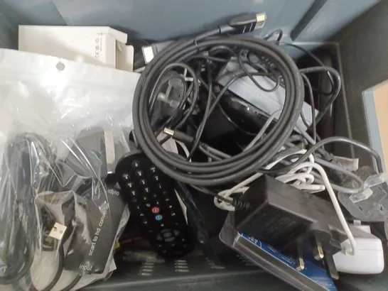 BOX OF ASSORTED CABLES REMOTES AND 4G RECEIVERS 