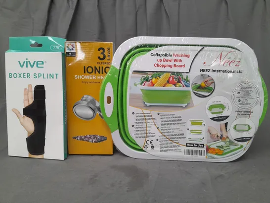 BOX OF APPROXIMATELY 20 ASSORTED HOUSEHOLD ITEMS TO INCLUDE VIVE BOXER SPLINT, IONIC SHOWER HEAD, COLLAPSIBLE WASHING UP BOWL WITH CHOPPING BOARD, ETC