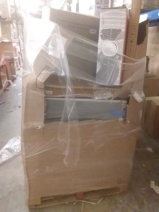 PALLET OF ASSORTED ITEMS INCLUDING BRANDS ON WIND MACHINE, KITCHEN STEP STOOL, FLOATING SHELF, PINE TABLE