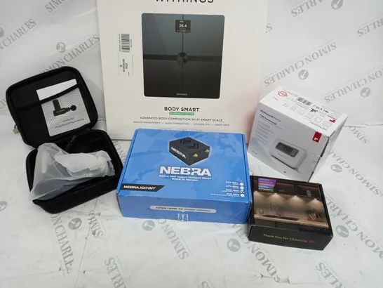 EIGHT ASSORTED ELECTRICAL PRODUCTS TO INCLUDE; WITHINGS BODY SMART SCALES, HONEYWELL T3R THERMOSTAT AND NEBRA HNT INDOOR HOTSPOT MINER