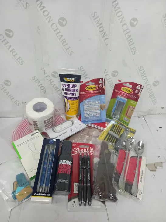 APPROXIMATELY 10 ASSORTED HOUSEHOLD GOODS TO INCLUDE EVERBUILD OVERLAP & BORDER ADHESIVE, SHARPIE S-GEL PENS, SNEAKY SUEDE REVIVE ETC. 