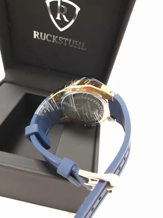 RUCKSTUHL OCTAGONAL FACE STUD BLUE RUBBER STRAP WATCH