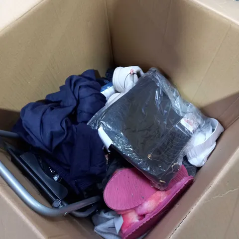 LARGE BOX OF APPROX 20 ASSORTED SHOES AND CLOTHES ITEMS IN VARIOUS SIZES