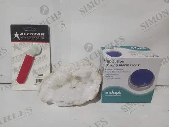 LOT OF APPROXIMATELY 10 ASSORTED HOUSEHOLD ITEMS TO INCLUDE BIG BUTTON TALKING ALARM CLOCK, QUARTZ GEODE, QUICK FASTENER WRENCH, ETC