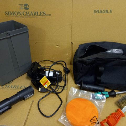 BOX OF ASSORTED ITEMS TO INCLUDE RYOBI GRASS CATCHER, FLYMO BATTERY CHARGER, WIRE BRUSH