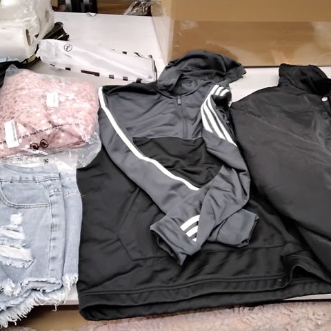 CAGE OF ASSORTED UNPROCESSED CLOTHING TO INCLUDE A ADIDAS HOODIE, MISS GUIDED BLACK LADLES JACKET AND A PAIR OF DENIM JEANS 