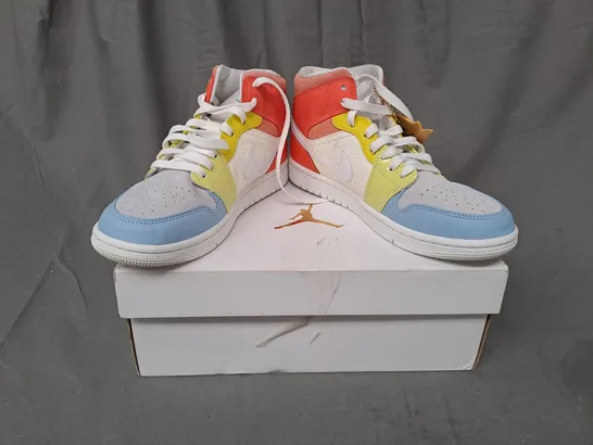 BOXED PAIR OF NIKE AIR JORDAN 1 MID SHOES IN SAIL/WHITE/MULTICOLOUR UK SIZE 4.5