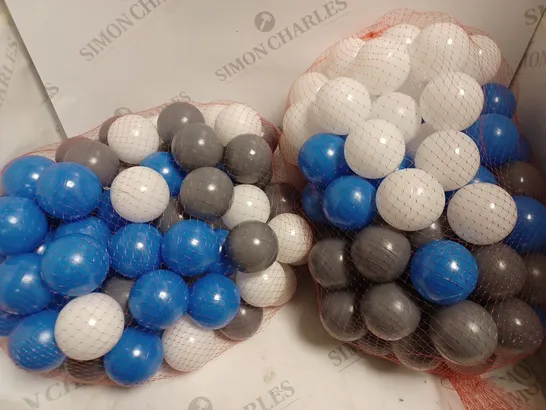 TWO PACKS OF CHILDRENS BALLPIT BALLS IN GREY WHITE AND BLUE 