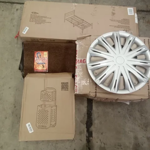 PALLET OF ASSORTED ITEMS INCLUDING YUDA METAL BED FRAME, SHOWER CADDY, DOOR MAT, TIRE RIMS, A DRAGON REALM BOOK 