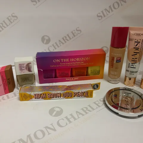 LOT OF 8 ASSORTED MAKEUP ITEMS, TO INCLUDE BENEFIT, NAILS INC, RIMMEL, PUR & LOREAL