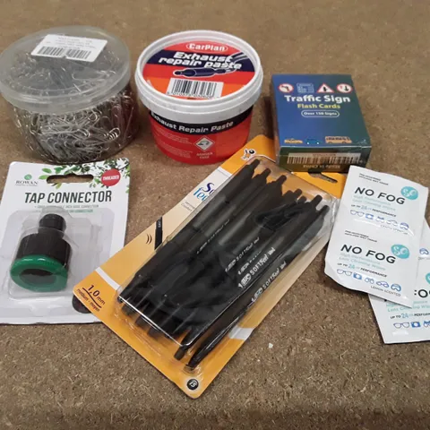 BOX CONTAINING ASSORTED ITEMS INCLUDING PAPER CLIPS, EXHAUST REPAIR PASTE, TRAFFIC SIGN FLASH CARDS, TAP CONNECTOR, BIG 15 RETRACTABLE BALL PENS, ANTI-FOG WET TISSUES