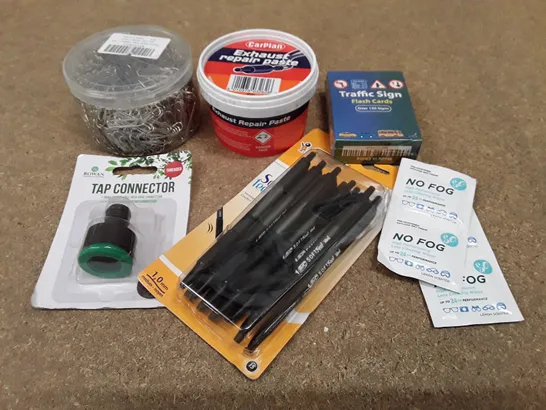 BOX CONTAINING ASSORTED ITEMS INCLUDING PAPER CLIPS, EXHAUST REPAIR PASTE, TRAFFIC SIGN FLASH CARDS, TAP CONNECTOR, BIG 15 RETRACTABLE BALL PENS, ANTI-FOG WET TISSUES