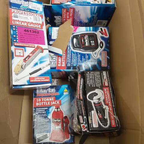 BOX OF ASSORTED TOOLS INCLUDING;  BOTTLE JACK, CUT OFF TOOL, AIRLINE TYRE INFLATOR, BATTERY CHARGER ETC