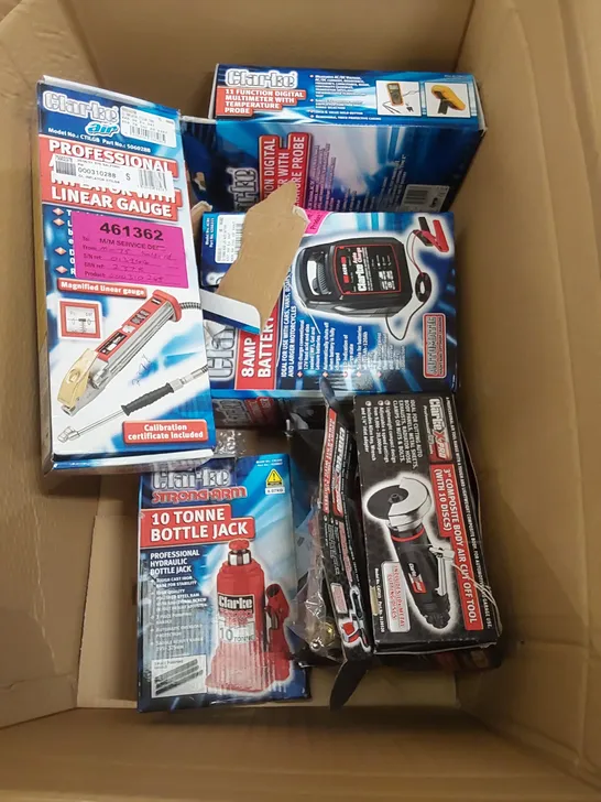 BOX OF ASSORTED TOOLS INCLUDING;  BOTTLE JACK, CUT OFF TOOL, AIRLINE TYRE INFLATOR, BATTERY CHARGER ETC