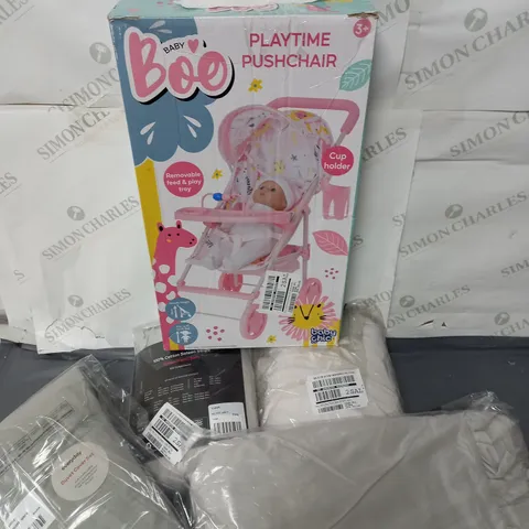 A SELECTION OF 3 FITTED SHEETS AND A JOINIOR DOLL PLAYTIME PUSHCHAIR