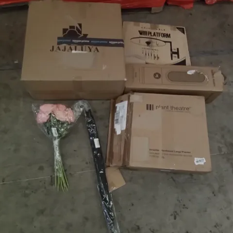 PALLET OF ASSORTED ITEMS INCLUDING ELECTRIC HEATER, VERBALISES HARDWOOD LARGE PLANTER, ADJUSTABLE SPEED BAG PLATFORM, JAJALUYA OFFICE CHAIR, ARTIFICAL ROSES, UMBRELLA