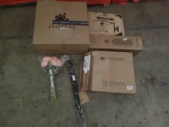 PALLET OF ASSORTED ITEMS INCLUDING ELECTRIC HEATER, VERBALISES HARDWOOD LARGE PLANTER, ADJUSTABLE SPEED BAG PLATFORM, JAJALUYA OFFICE CHAIR, ARTIFICAL ROSES, UMBRELLA