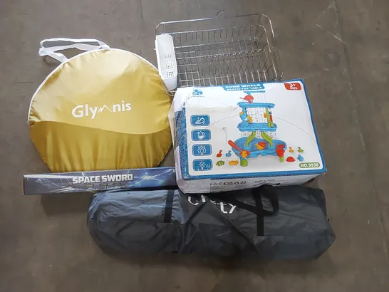 PALLET OF ASSORTED ITEMS INCLUDING SPACE SWORD TOY, BEACH TOY TABLE, POP UP TENT, DISH DRYING RACK