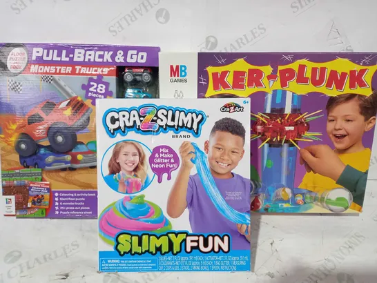 BOX OF APPROXIMATELY 20 ASSORTED TOYS AND GAMES TO INCLUDE KER-PLUNK, CRA-Z-SLIME, PULL-BACK & GO MONSTER TRUCKS, ETC