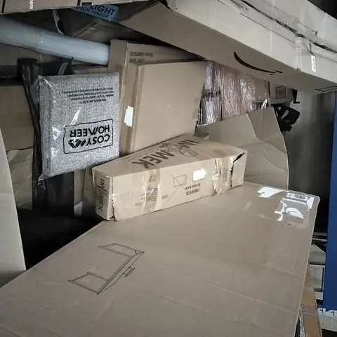 PALLET OF ASSORTED HOUSEHOLD ITEMS TO INCLUDE BOXED DESK, FIRE PIT, KIDS SCOOTER AND BACKPACK