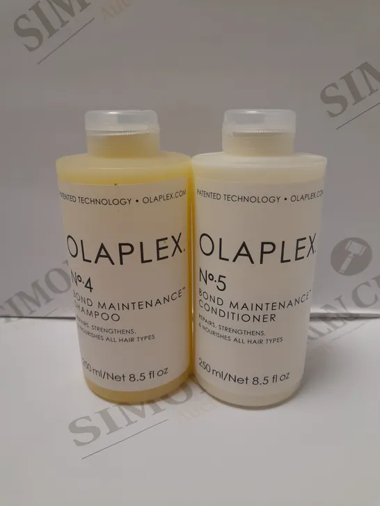 LOT OF 2 OLAPLEX PRODUCTS TO INCLUDE NO.4 BOND MAINTAINENCE SHAMPOO 250ML & NO.5 BOND MAINTAINENCE CONDITIONER 250ML