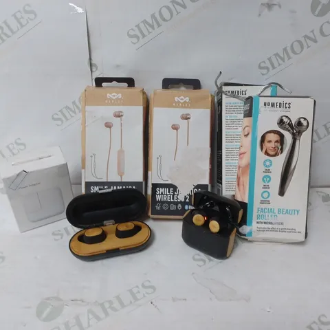 APPROXIMATELY 7 ASSORTED PRODUCTS TO INCLUDE HOUSE OF MARLEY REBEL WIRELESS EARPHONES, HOUSE OF MARLEY SMILE JAMAICA WIRELESS 2 EARPHONES, HOMEDICS FACIAL BEAUTY ROLLER 