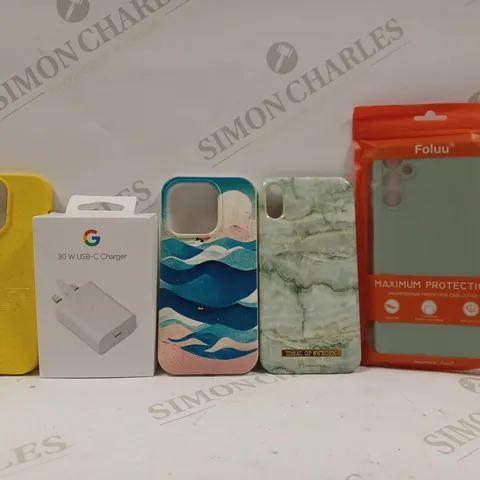 BOX OF APPROX 25 ASSORTED ITEMS TO INCLUDE - FOLUU SAMSUNG 5G CASE - IPHONE 14 SEA CASE - GOOGLE 30 W USB-C CHARGER ECT