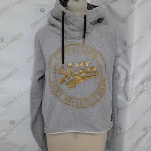 SUPERDRY CROPPED HOODIE IN LIGHT GREY MELANGE AND GOLD SIZE 12
