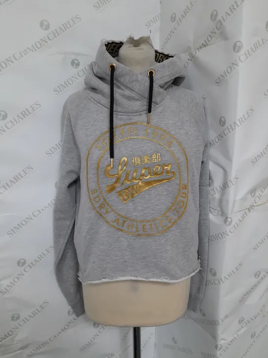 SUPERDRY CROPPED HOODIE IN LIGHT GREY MELANGE AND GOLD SIZE 12