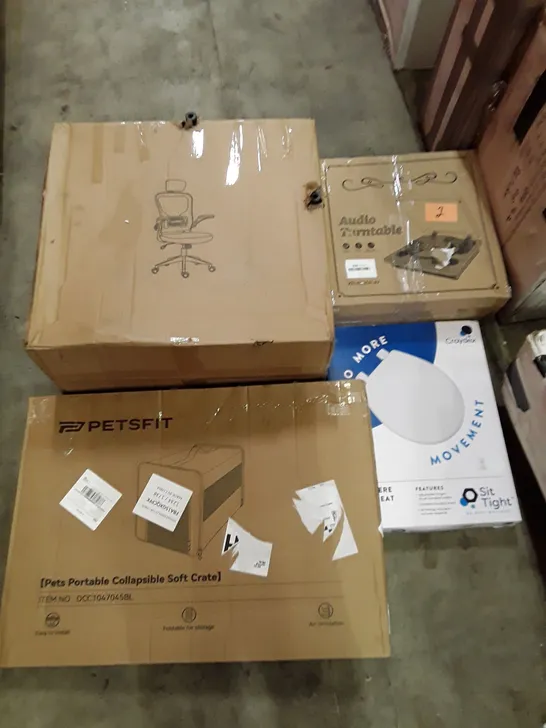 PALLET OF ASSORTED PRODUCTS INCLUDING OFFICE CHAIR, AUDIO TURNTABLE, TOILET SEAT, PORTABLE COLLAPSIBLE SOFT CRATE, FOLDING EXERCISE BIKE 