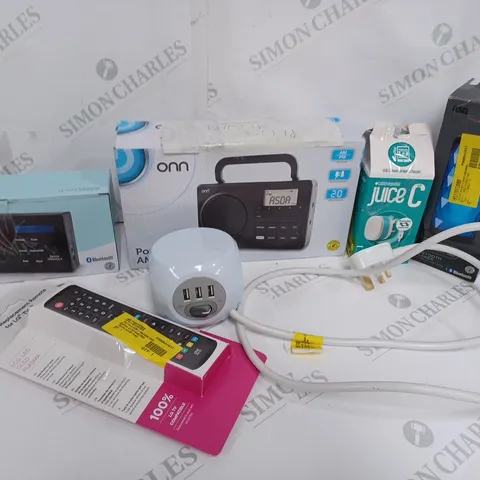 BOX OF APPROX 15 ASSORTED ITEMS INCLUDING JUICE C MAINS CHARGER, ASDATECH DAB/FM RADIO AND ONE FOR ALL REPLACEMENT REMOTE FOR LG TV