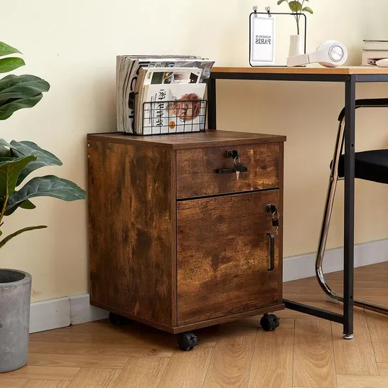 BOXED BROWN BEDSIDE CHEST WITH WHEELS