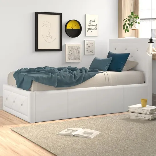 BOXED DADUR UPHOLSTERED OTTOMAN STORAGE BED IN WHITE // SIZE: SINGLE (2 BOXES)