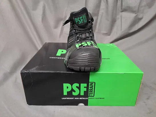 BOX OF APPROXIMATELY 10 BOXED PAIRS OF PSF terrain non-metallic SAFETY BOOTS IN BLACK SIZE 5