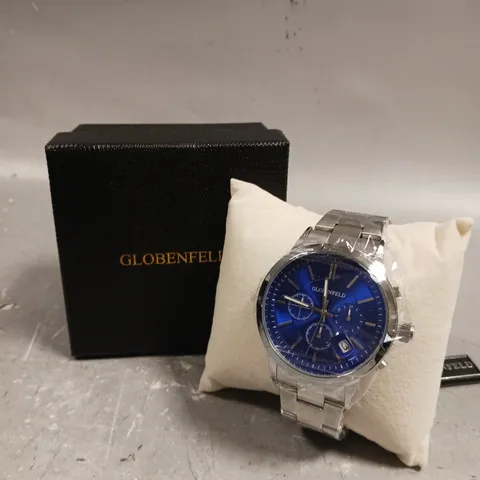 GLOBENFELD MARKSMAN SILVER BLUE DIAL STAINLESS STEEL CASE WATCH 