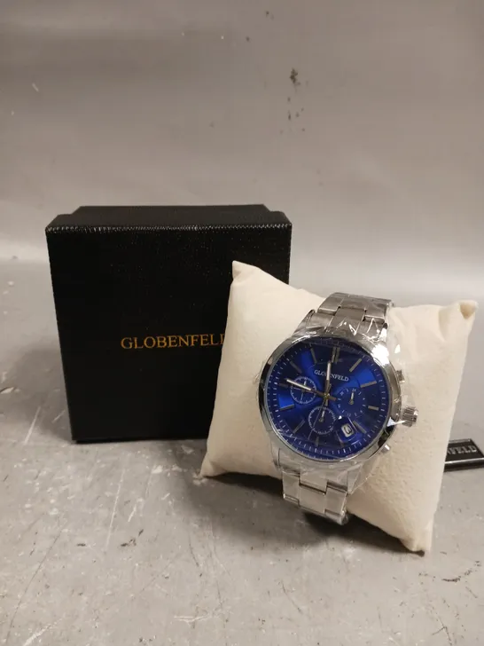 GLOBENFELD MARKSMAN SILVER BLUE DIAL STAINLESS STEEL CASE WATCH 