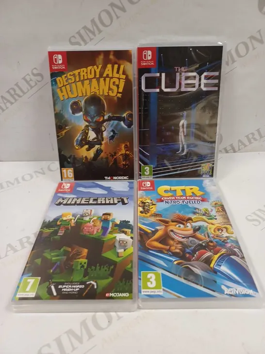 LOT TO CONTAIN 4 X ASSORTED NINTENDO SWITCH GAMES, INCLUDES DESTROY ALL HUMANS, MINECRAFT, CRASH TEAM RACING ETC 