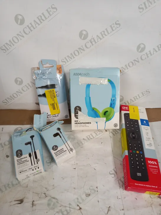 LOT OF 5 TO INCLUDE ONE FOR ALL TV REMOTE, ASDATECH EARBUDS, ECT.